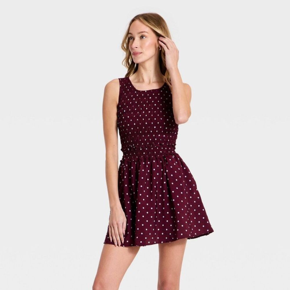 Women's Smocked Mini A-Line Dress - A New Day Maroon M